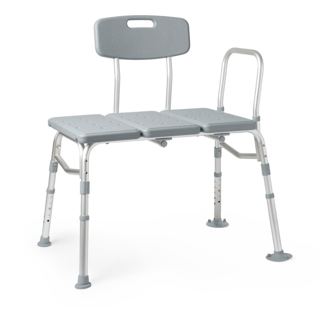 The Medline Bariatric Transfer Bath Bench with Back features a gray and silver design, blow-molded seat, adjustable height, supportive backrest, armrest, wide seat, and four rubber-tipped legs for stability.